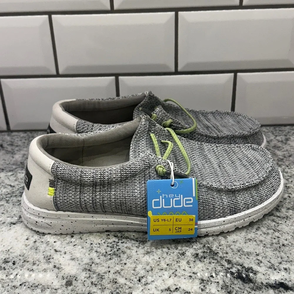 New Hey Dude Kids Y6 Wally Youth Sox Stone White Grey Lime Moccasin Loafer Shoe